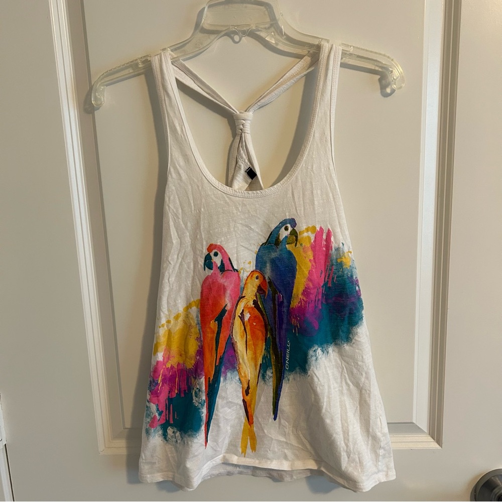 O’Neill white tank top with multicolor bird print